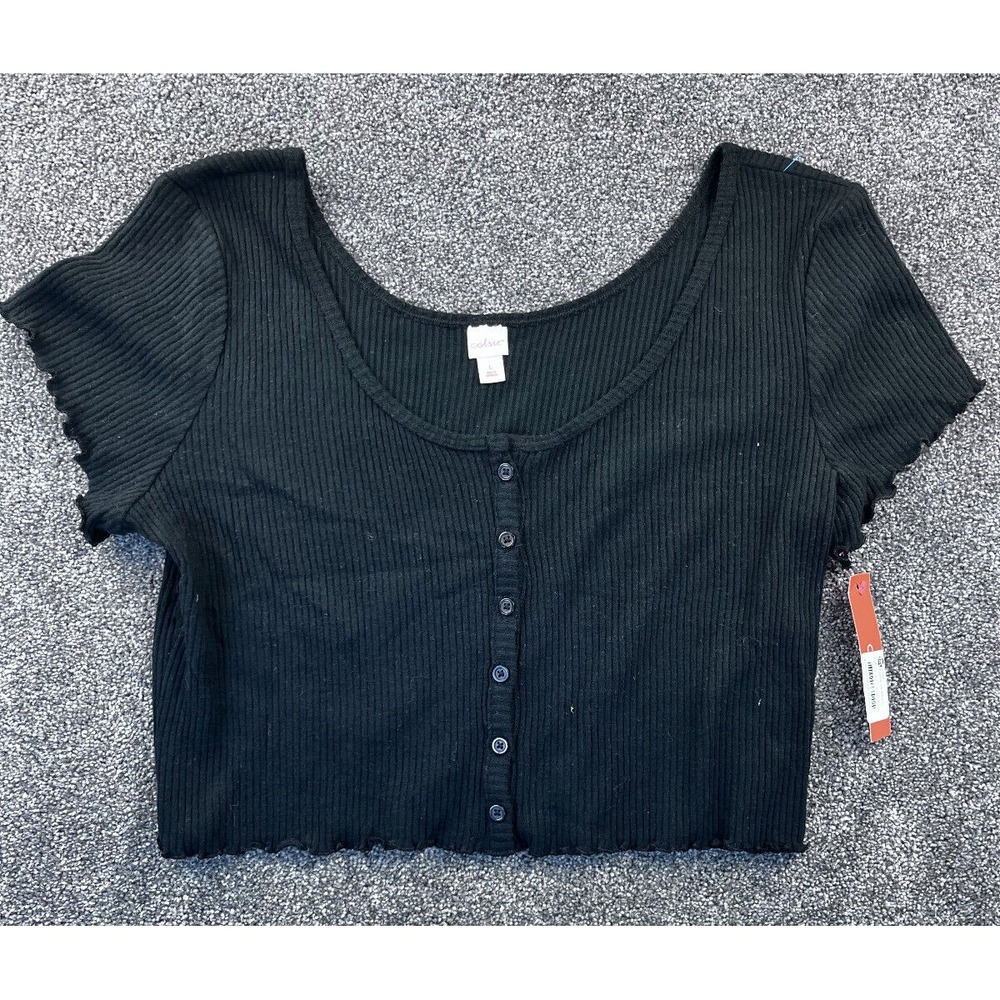 Colsie Top Womens L Crew Neck Short Sleeve Button Up Rib Cropped Black‎ NWT